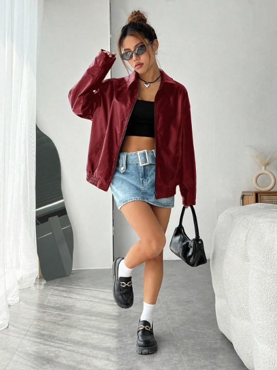 EZwear Casual Off-Shoulder Zipped PU Leather Coat