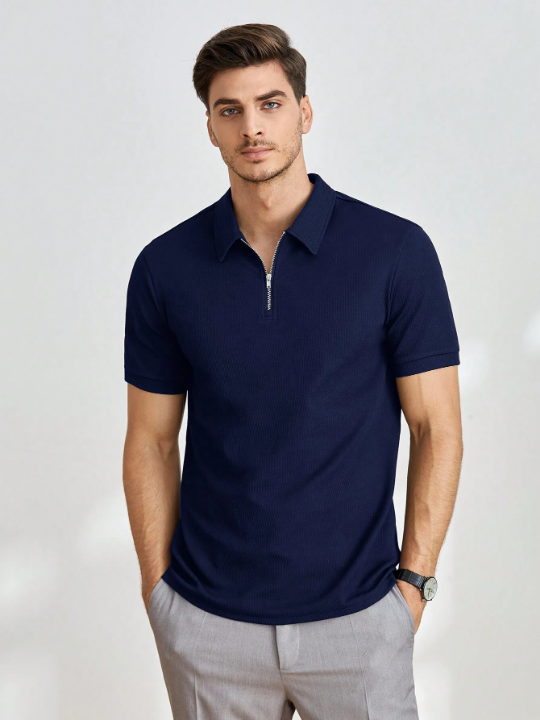 Manfinity Homme Men Solid Quarter Zip Polo Shirt