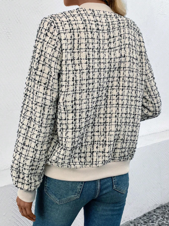 Frenchy Plaid Print Zip Up Bomber Jacket