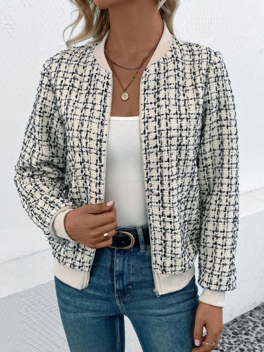 Frenchy Plaid Print Zip Up Bomber Jacket