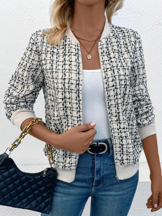 Frenchy Plaid Print Zip Up Bomber Jacket