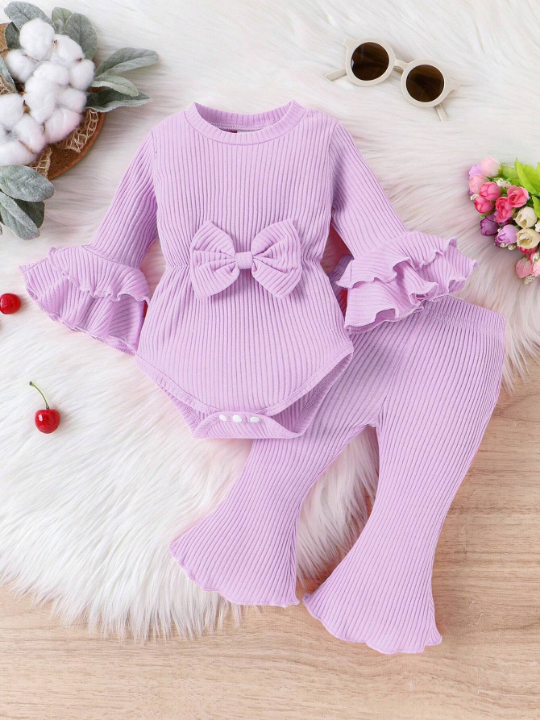 Baby Girl Ruffle Trim Flounce Sleeve Bow Front Bodysuit & Flare Leg Pants