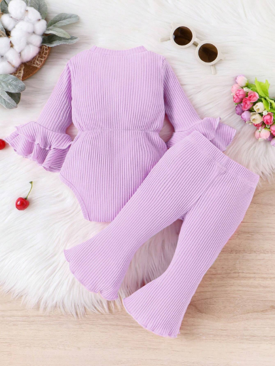 Baby Girl Ruffle Trim Flounce Sleeve Bow Front Bodysuit & Flare Leg Pants