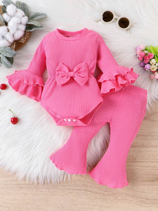 Baby Girl Flounce Sleeve Bow Front Bodysuit & Flare Leg Pants