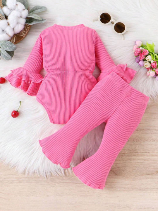 Baby Girl Flounce Sleeve Bow Front Bodysuit & Flare Leg Pants