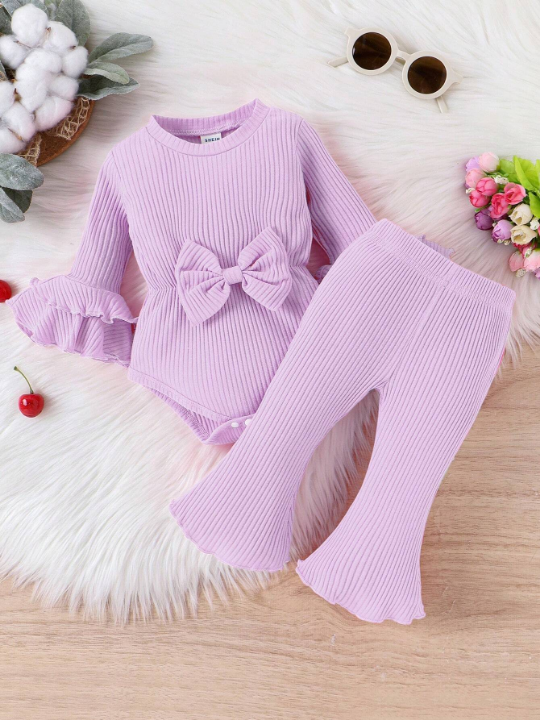 Baby Girl Ruffle Trim Flounce Sleeve Bow Front Bodysuit & Flare Leg Pants