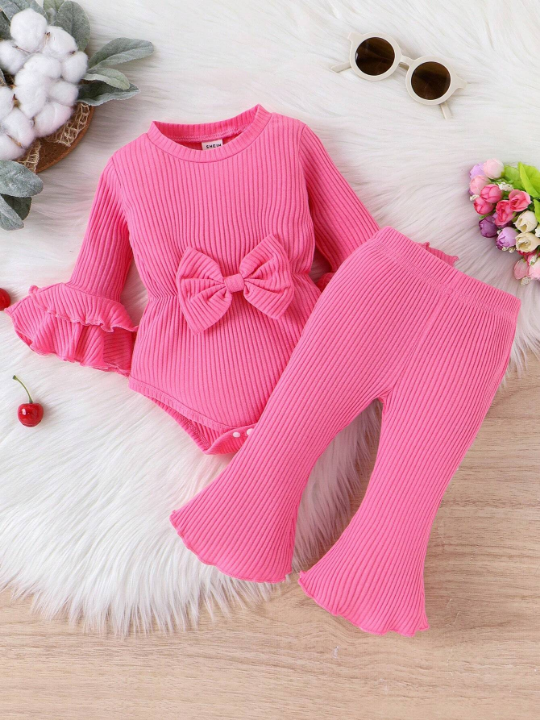 Baby Girl Flounce Sleeve Bow Front Bodysuit & Flare Leg Pants