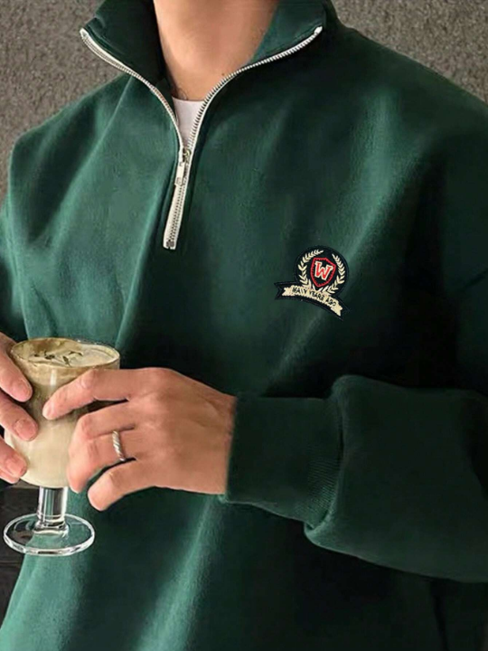 Manfinity Hypemode Men Letter Embroidery Half Zip Drop Shoulder Sweatshirt