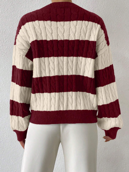 Frenchy Two Tone Cable Knit Drop Shoulder Sweater