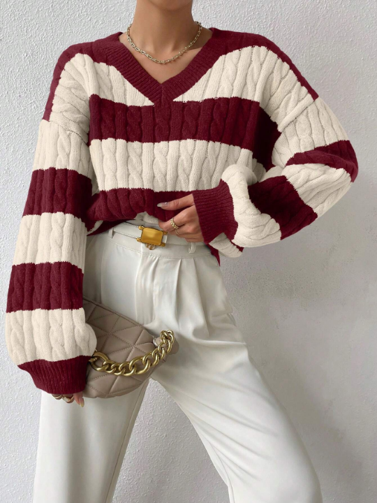 Frenchy Two Tone Cable Knit Drop Shoulder Sweater