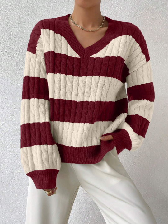 Frenchy Two Tone Cable Knit Drop Shoulder Sweater