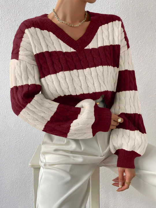 Frenchy Two Tone Cable Knit Drop Shoulder Sweater