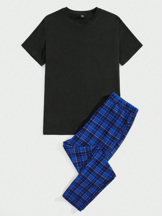 Men Solid Tee & Plaid Pants PJ Set