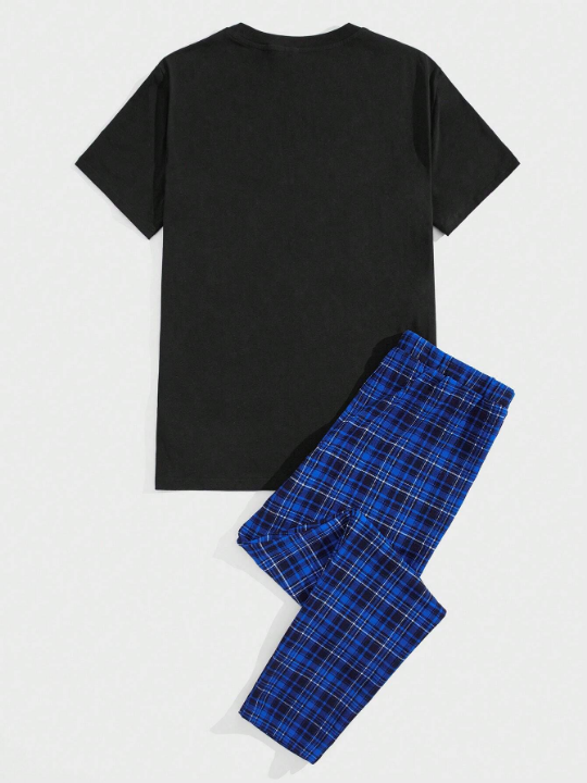 Men Solid Tee & Plaid Pants PJ Set