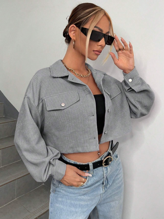 EZwear Flap Detail Drop Shoulder Crop Corduroy Jacket