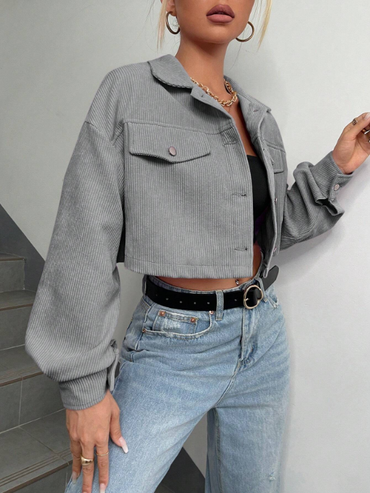 EZwear Flap Detail Drop Shoulder Crop Corduroy Jacket