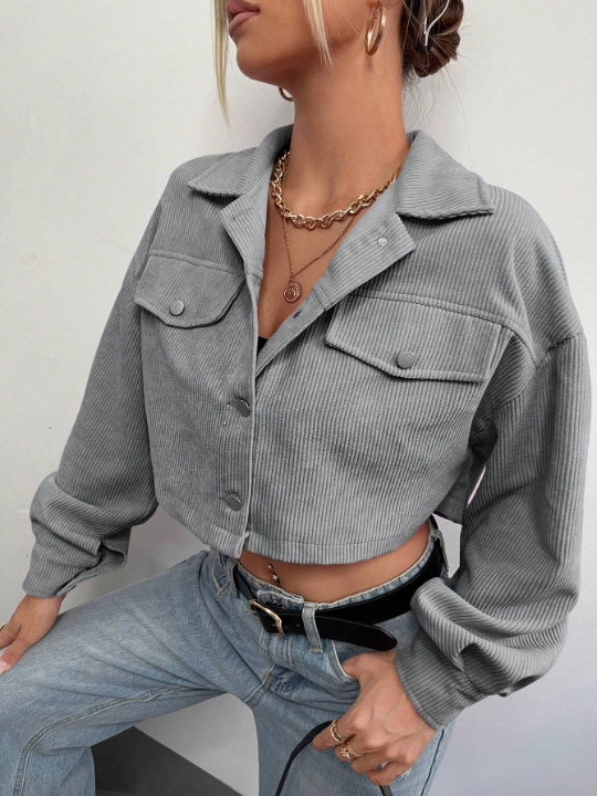 EZwear Flap Detail Drop Shoulder Crop Corduroy Jacket