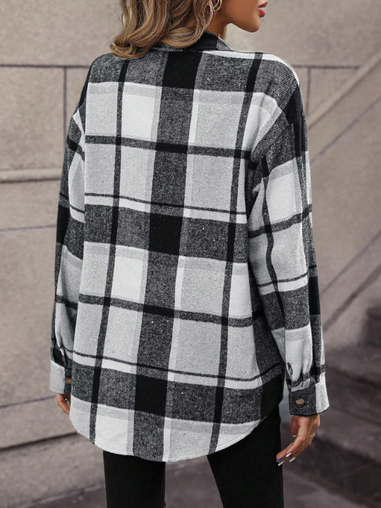 Plaid Print Drop Shoulder Patch Pocket Coat