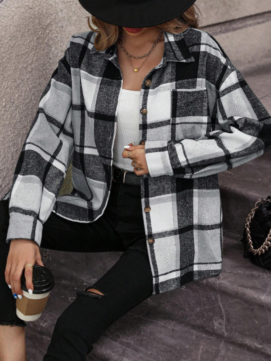 Plaid Print Drop Shoulder Patch Pocket Coat