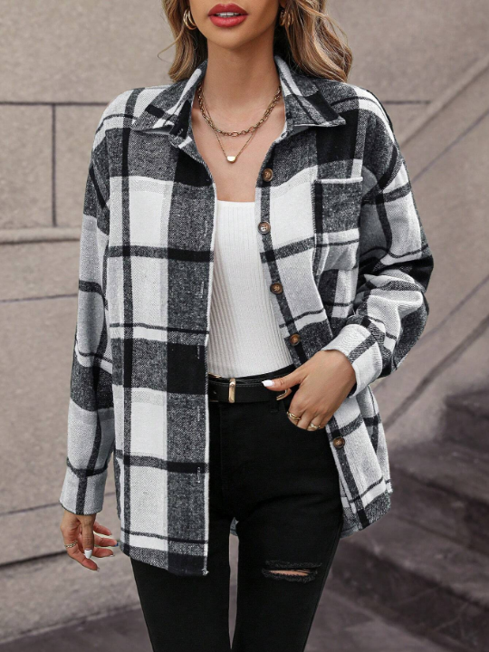 Plaid Print Drop Shoulder Patch Pocket Coat