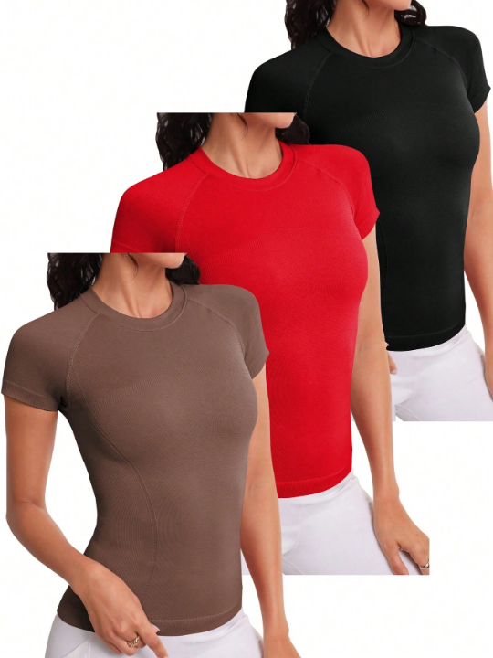 3pcs Solid Round Neck Sports Tee