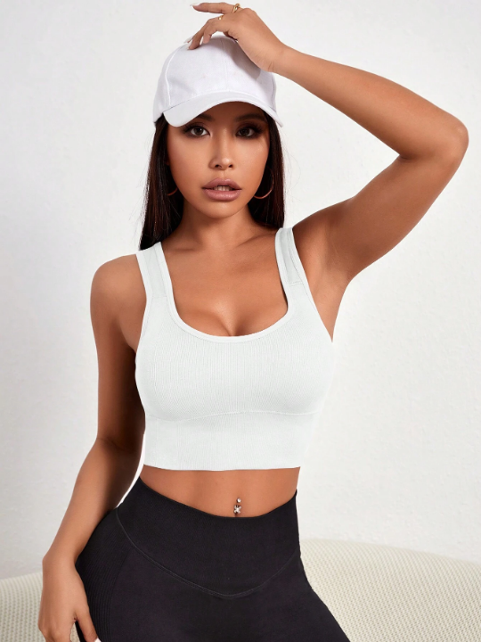 Yoga Basic Solid Ribbed Knit Sports Bra