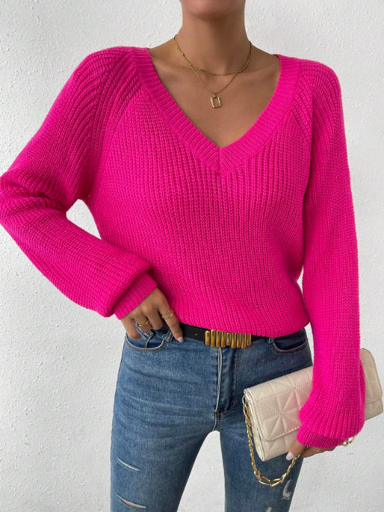 Essnce Solid Raglan Sleeve Ribbed Knit Sweater