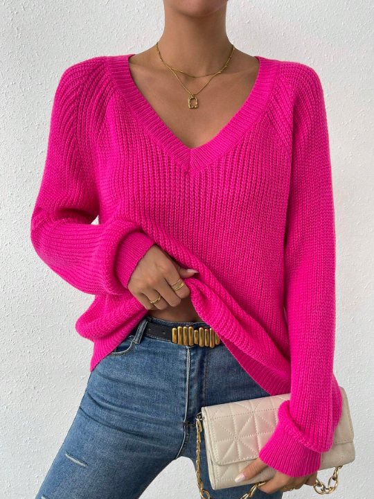 Essnce Solid Raglan Sleeve Ribbed Knit Sweater