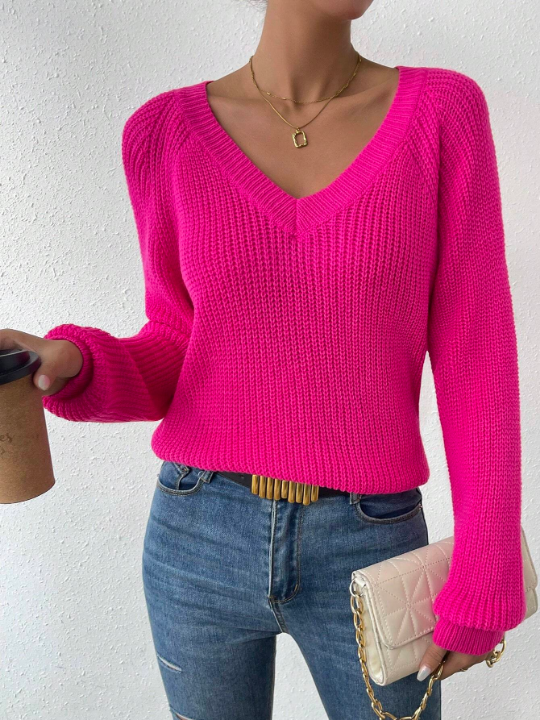 Essnce Solid Raglan Sleeve Ribbed Knit Sweater