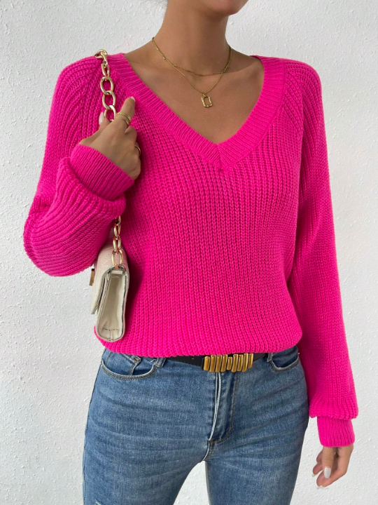 Essnce Solid Raglan Sleeve Ribbed Knit Sweater