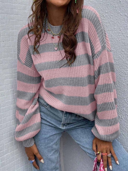 Essnce Striped Pattern Drop Shoulder Sweater