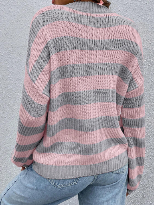 Essnce Striped Pattern Drop Shoulder Sweater