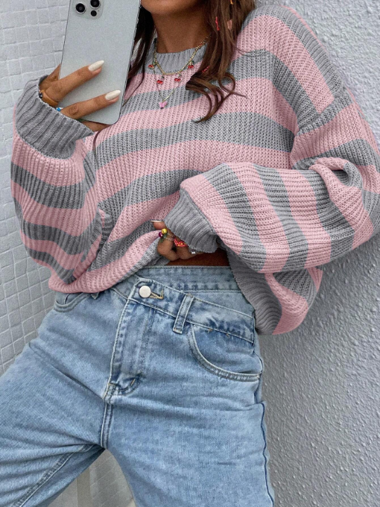 Essnce Striped Pattern Drop Shoulder Sweater