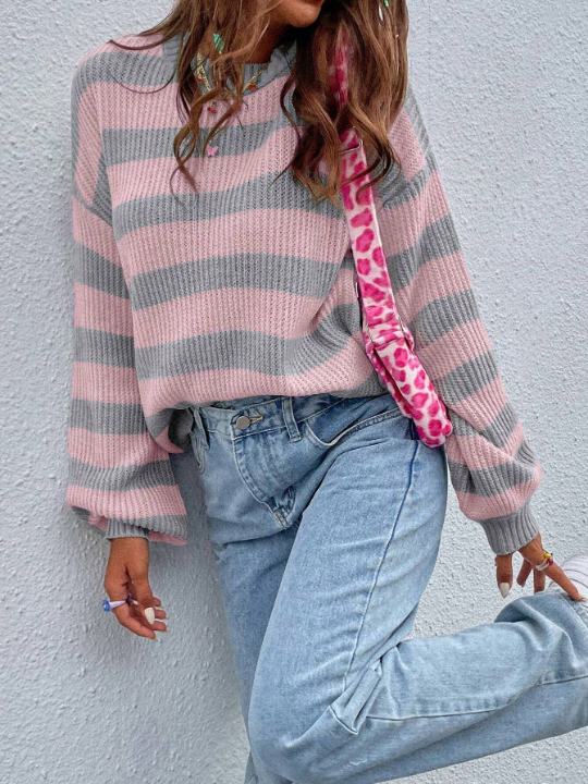 Essnce Striped Pattern Drop Shoulder Sweater