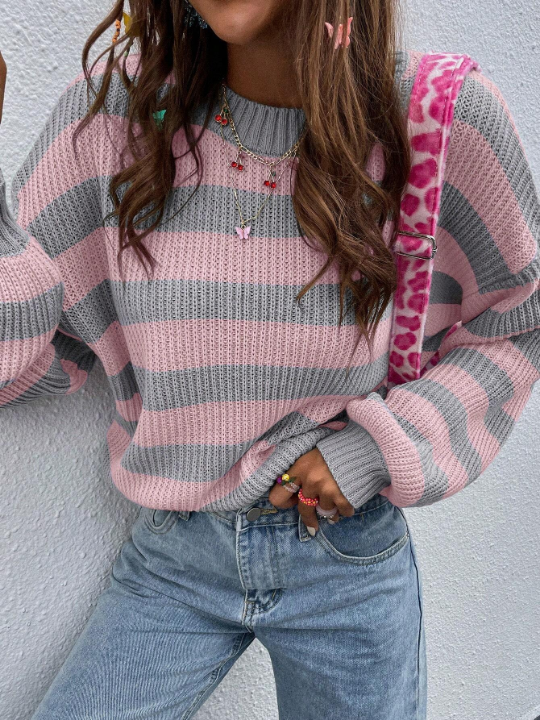 Essnce Striped Pattern Drop Shoulder Sweater