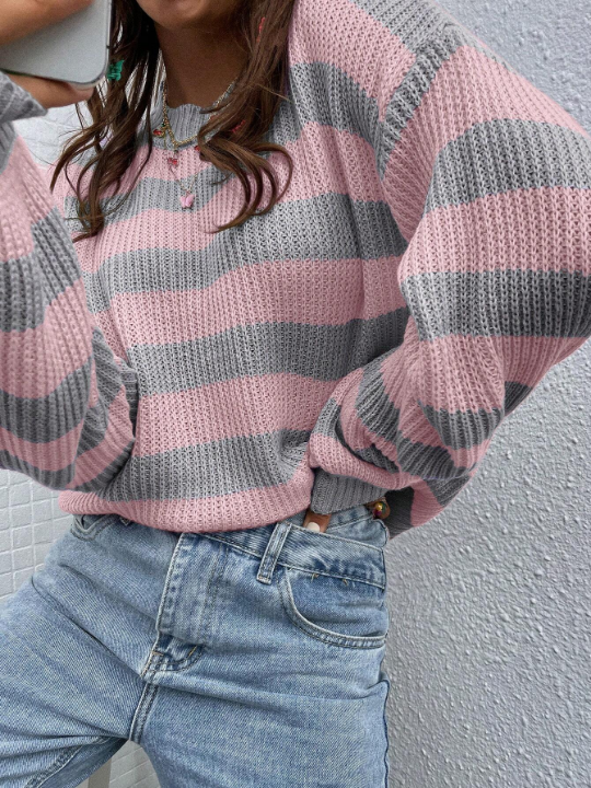 Essnce Striped Pattern Drop Shoulder Sweater