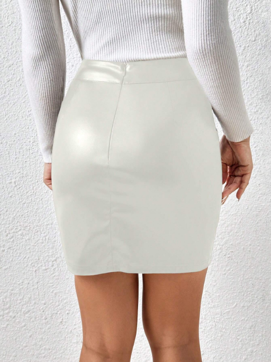 Frenchy Solid Split Hem PU Bodycon Skirt