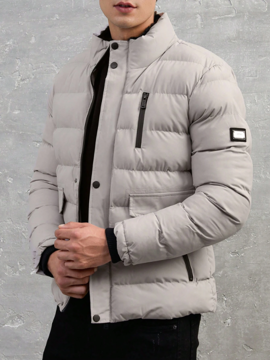 Men Letter Patched Detail Flap Pocket Puffer Coat