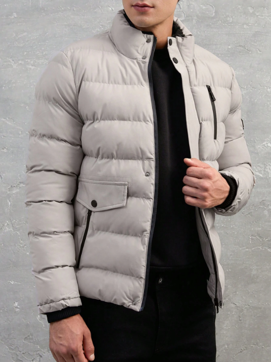 Men Letter Patched Detail Flap Pocket Puffer Coat