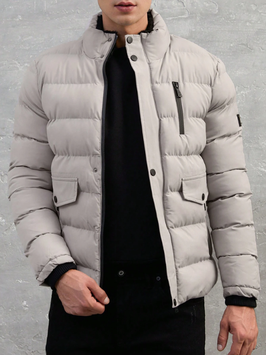 Men Letter Patched Detail Flap Pocket Puffer Coat