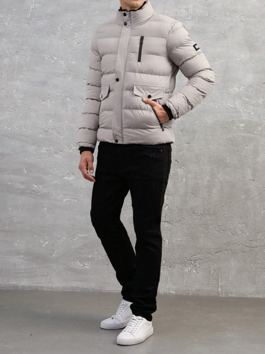 Men Letter Patched Detail Flap Pocket Puffer Coat