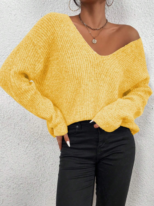 Frenchy V Neck Drop Shoulder Ribbed Knit Sweater