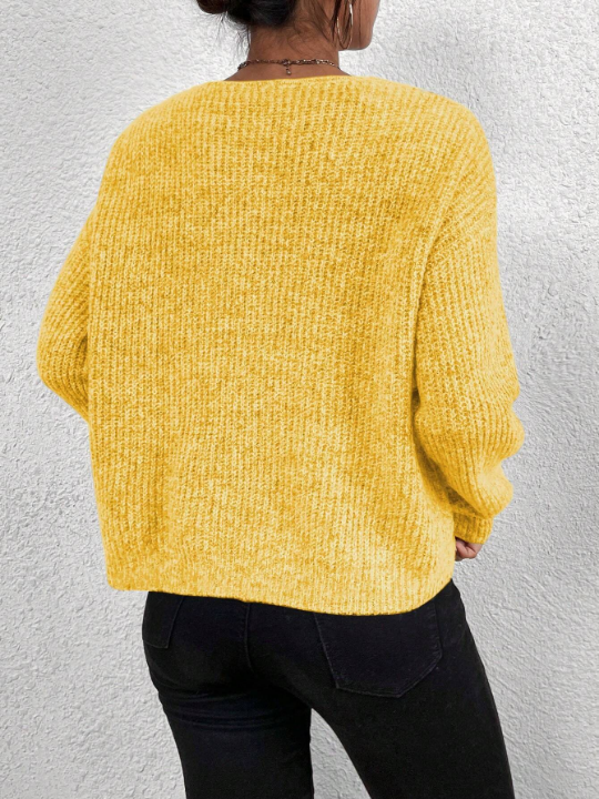 Frenchy V Neck Drop Shoulder Ribbed Knit Sweater