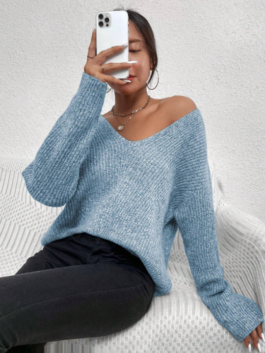 Frenchy V-neck Drop Shoulder Marled Knit Sweater