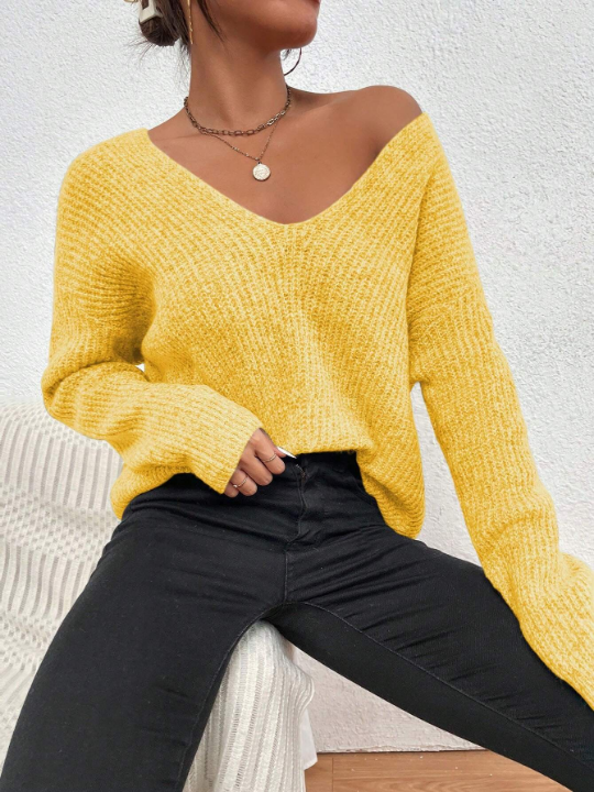 Frenchy V Neck Drop Shoulder Ribbed Knit Sweater