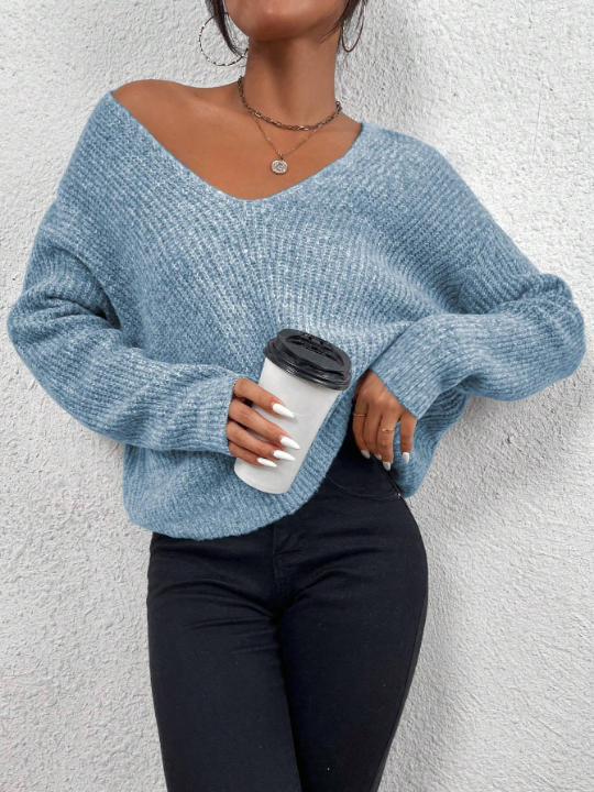 Frenchy V-neck Drop Shoulder Marled Knit Sweater