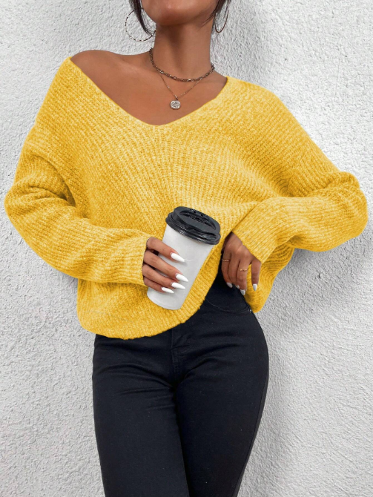 Frenchy V Neck Drop Shoulder Ribbed Knit Sweater