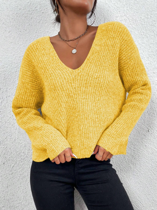 Frenchy V Neck Drop Shoulder Ribbed Knit Sweater