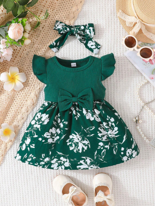 Baby Girl Floral Print Ruffle Trim Bow Front Dress & Headband