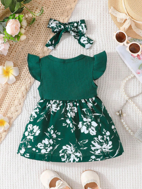 Baby Girl Floral Print Ruffle Trim Bow Front Dress & Headband